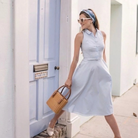 Gal Meets Glam Rose Poplin Shirtdress Blue Women's 2 - Picture 1 of 11
